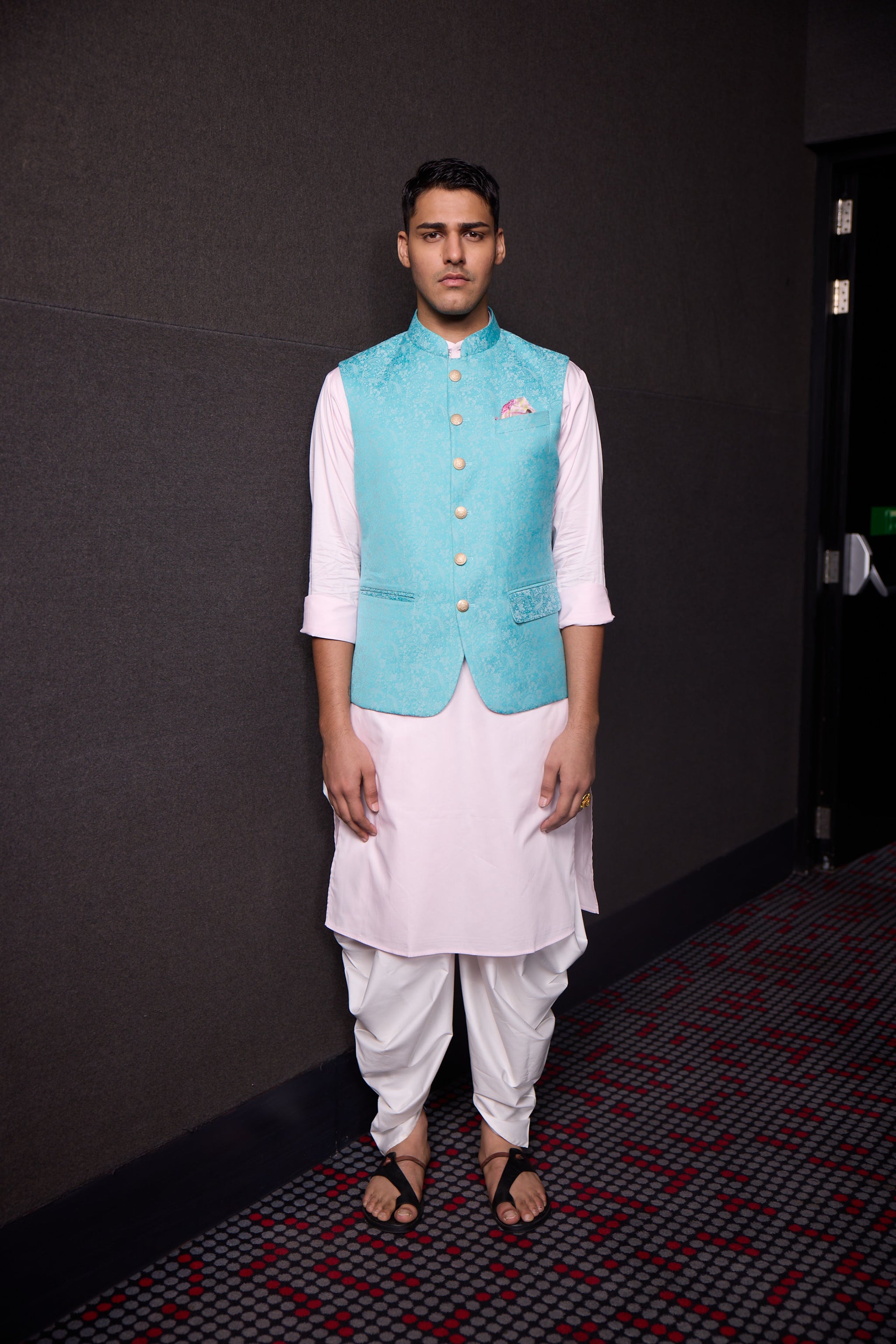 AQUA BLUE JACQUARD NEHRU JACKET