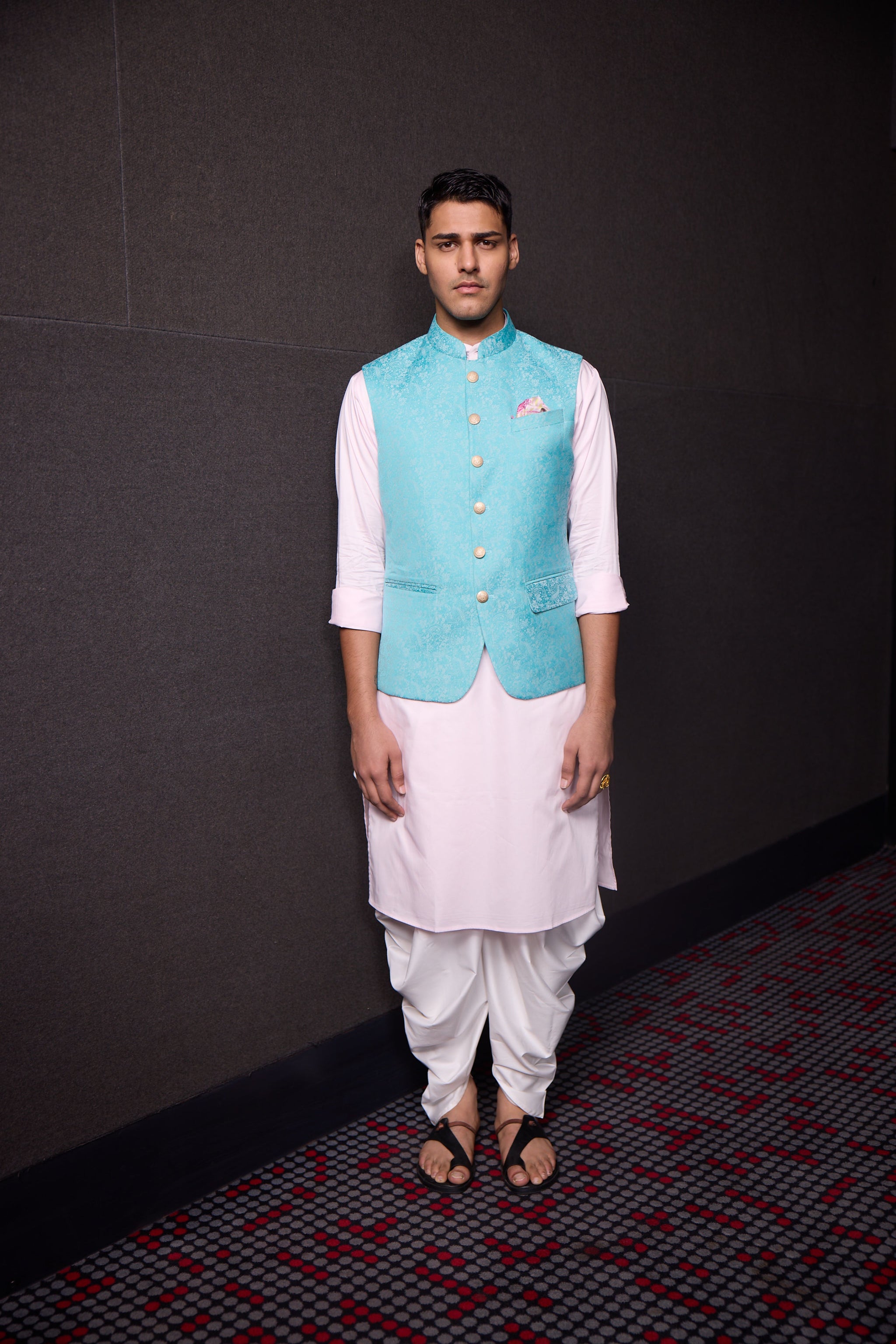 AQUA BLUE JACQUARD NEHRU JACKET