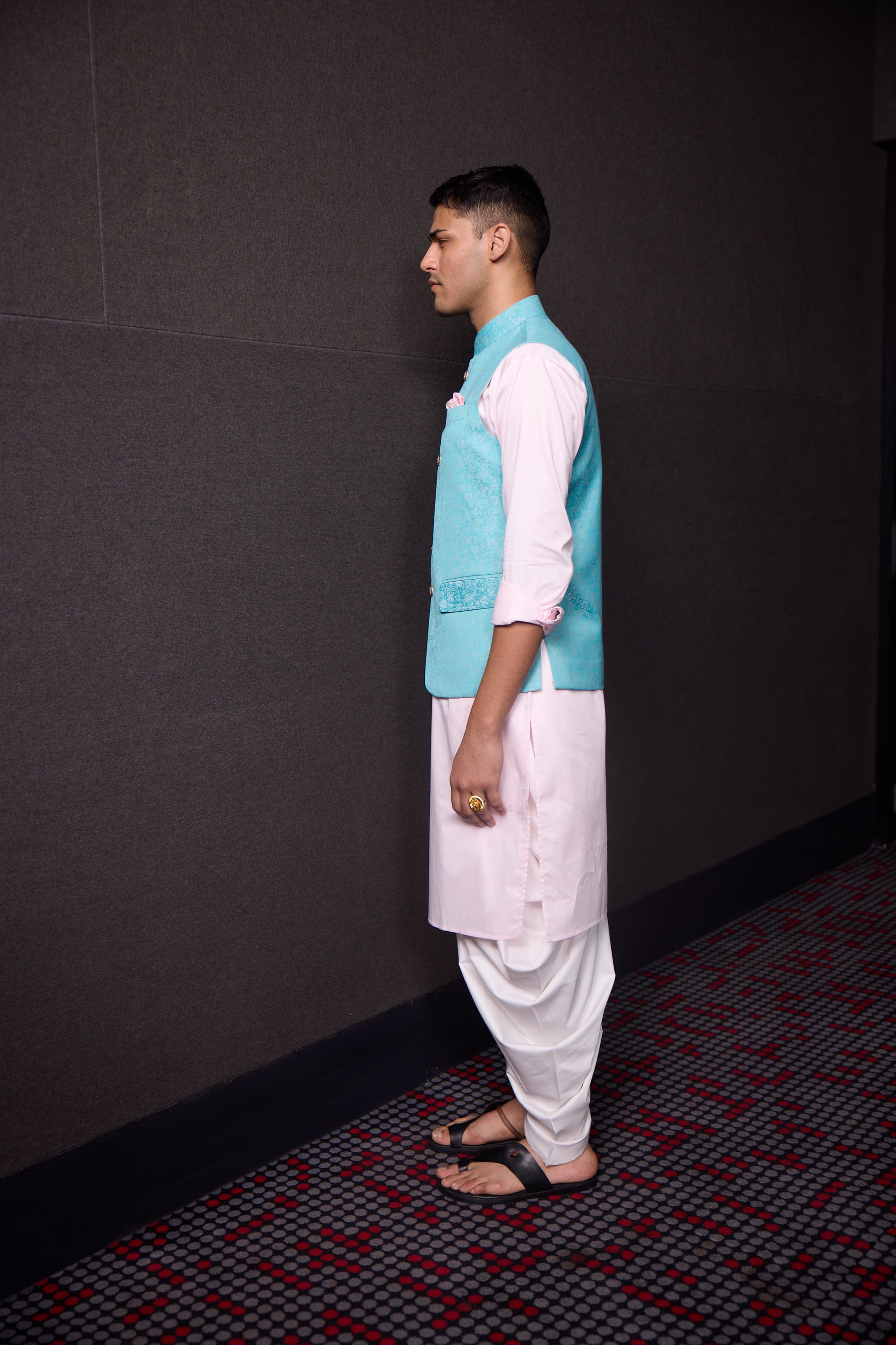 AQUA BLUE JACQUARD NEHRU JACKET