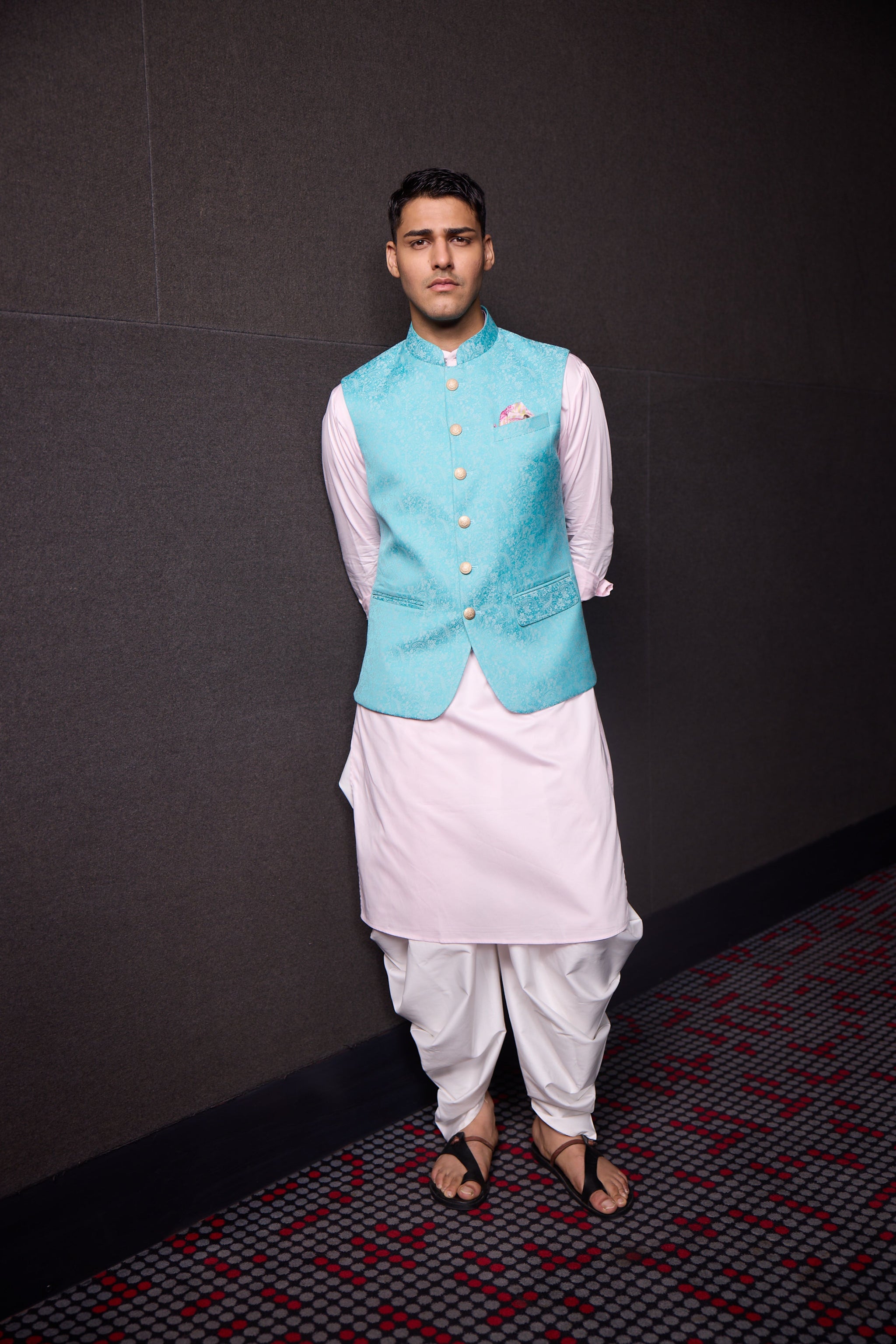 AQUA BLUE JACQUARD NEHRU JACKET