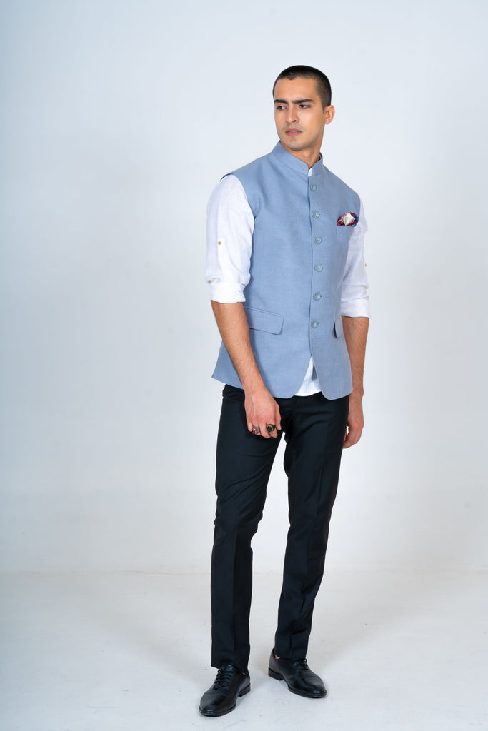 Sky Blue Linen Nehru Jacket – Minizmo